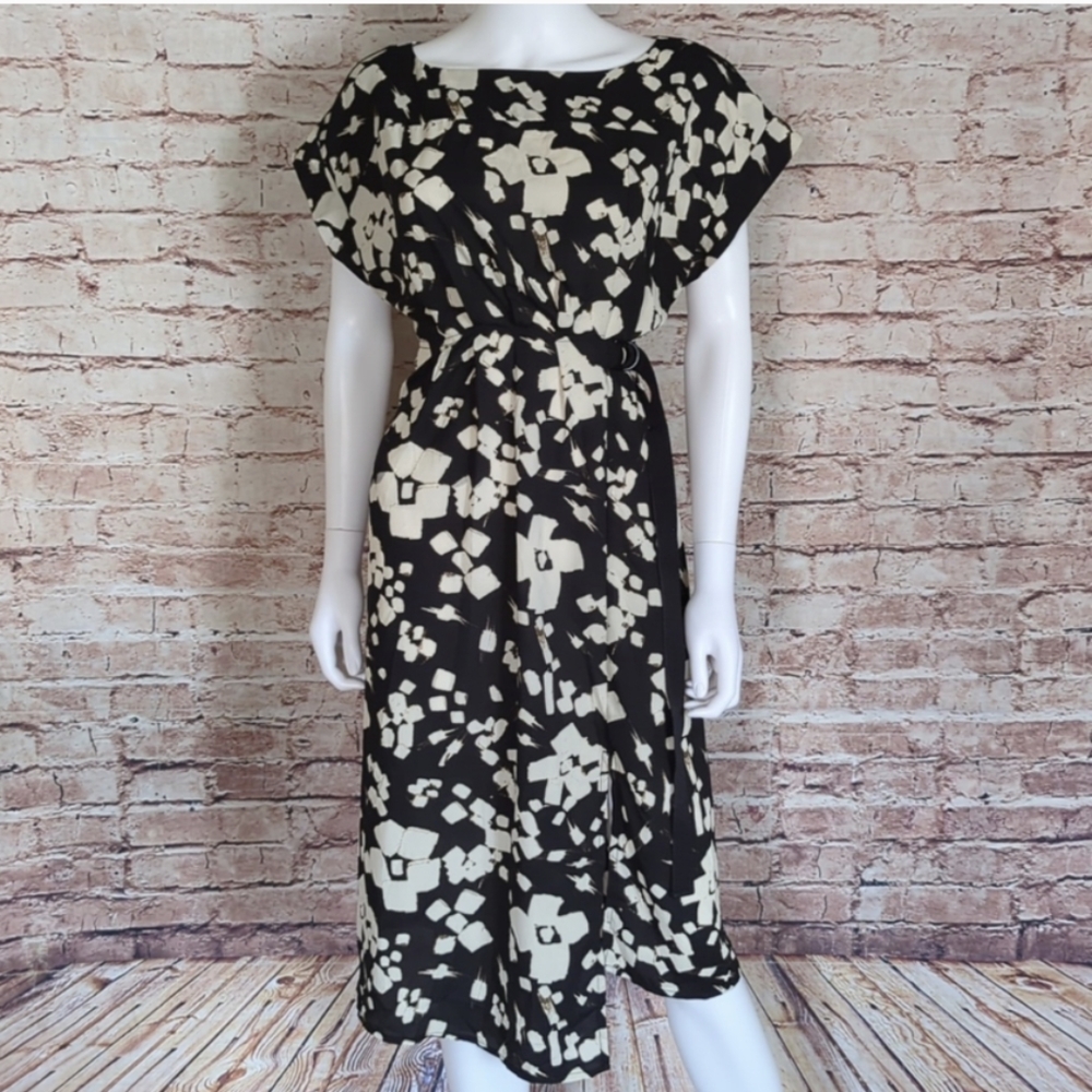 PROLOGUE FLORAL BELTED MIDI DRESS